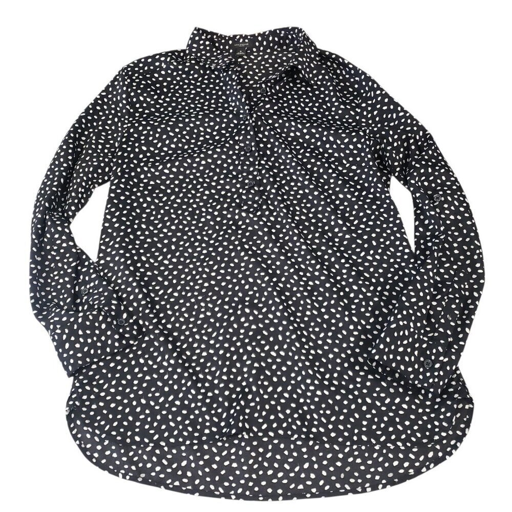 Ann Taylor Womens Black & White Print Long Sleeve Collared Blouse 6